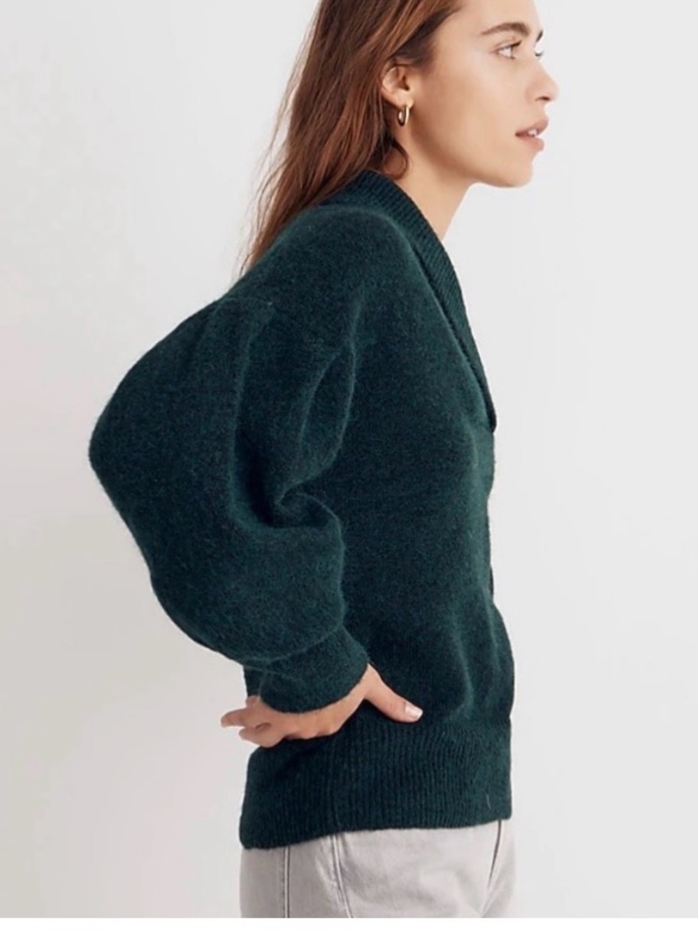 Madewell Vinson Shawl-Collar Sweater Long Puff Sleeve Green Size XS EUC